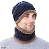 Navy blue wool winter beanie cap with cozy neck warmer, perfect for outdoor activities and daily wear