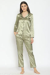Green satin pyjama set for women, solid design with long sleeves, PRETTY LOVING THING brand
