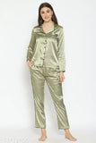 Green satin pyjama set for women, solid design with long sleeves, PRETTY LOVING THING brand
