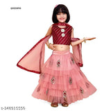 Peach Dupion-Silk lehenga choli set with Super Net dupatta for girl, featuring striped lehenga and mirror work, ideal for festive occasions and celebrations. Indian craftsmanship