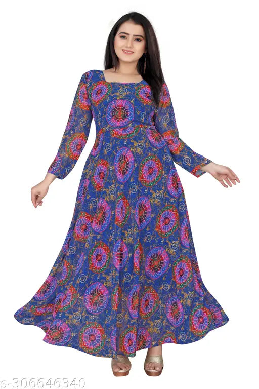 Bandhani Printed Women's Kurti in Georgette, long sleeves, big sizes available, India origin