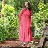 Floral printed maxi ethnic gown, Georgette with long sleeves and palazzos bottomwear, S size for women, Indian traditional wear