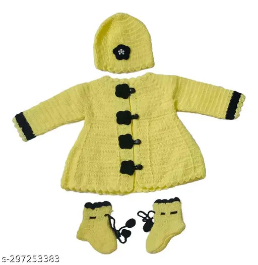 Handmade woolen 0-12 months baby girl's sweater-dress with long sleeves, soft and warm from India