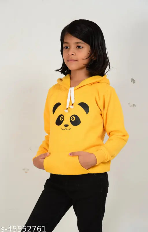 Lemon yellow wool sweatshirt & hoodie for girls, self-design net material, long sleeves, multiple sizes available from 1-12 years, made in India