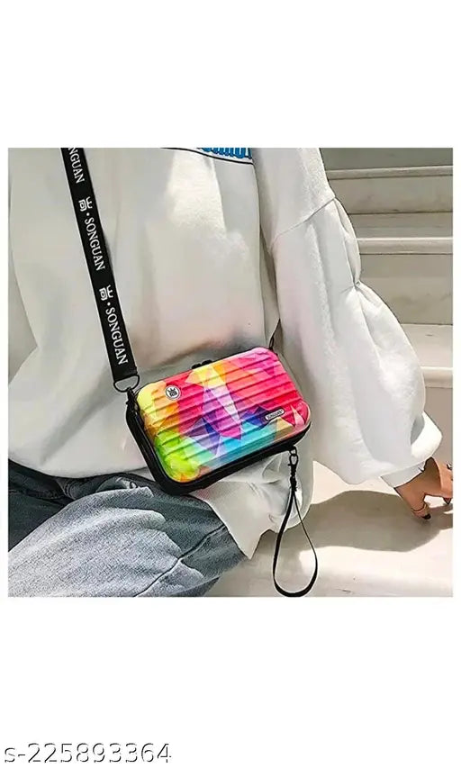 Rainbow acrylic cross body sling bag, printed net design, spacious compartment, adjustable belt