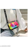 Rainbow acrylic cross body sling bag, printed net design, spacious compartment, adjustable belt