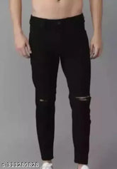 Cotton blend, flaying men knee-slit black jeans, ripped net pattern - size 28/30/32 for women, India origin