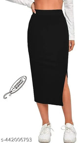 High-waisted black polyester lycra pencil midi skirt with side slit, versatile for casual or formal wear