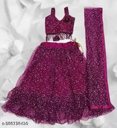 Kids silk semi-stitched net lehenga choli with sleeveless stitch blouse, checkered pattern, free size. Indian kids' traditional wear displayed on mannequin