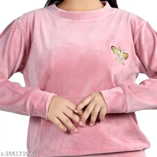 Wool full sleeve night suit set for girls (8-12 years), solid pattern