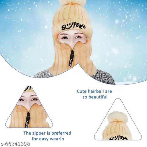 Wool beige unisex winter cap with smiley zipper and pom pom - ideal for outdoor activities