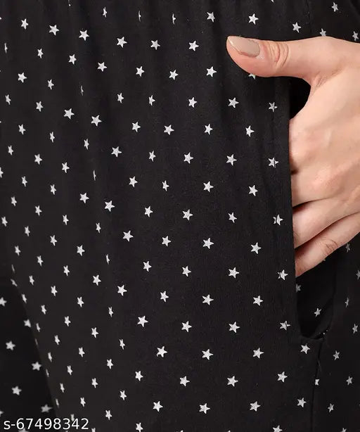 Black cotton pyjama lounge wear for women and girls - above knee length, printed, elasticated waistband