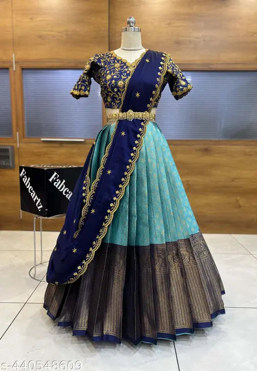 Art Silk Semi-Stitched Festival South Indian Style Half Saree with Floral Embroidery and Ethnic Motif Dupatta, Litchi Silk zari work, Upto 40 inch waist size