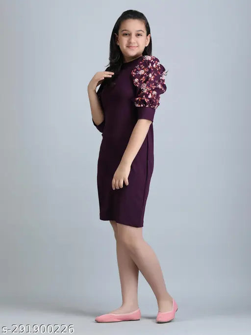 Purple cotton blend high neck dress, perfect for girls aged 7-14 years. Solid design from India