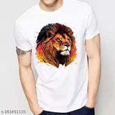 Colorful lion art design premium polyester t-shirt on model, versatile wardrobe essential for men in sizes S, M, L, XL, XXL