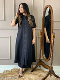 Black cotton women's kurta set with palazzos, solid net pattern, short sleeves, India origin