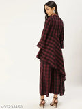 Mbe maroon cotton asymmetric flared kurta with mandarin collar and elasticated palazzos set - India, single size (M-XXL), checked pattern, three-quarter sleeves