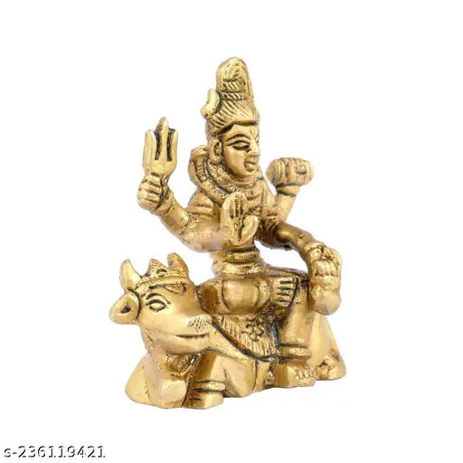 Brass antique Lord Shiva sitting on Nandi showpiece, depicting Hindu deity with Parvati and children, perfect decorative addition to temples, homes, offices