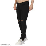 Black denim stretchable knee-cut slim fit jeans for men, durable and affordable