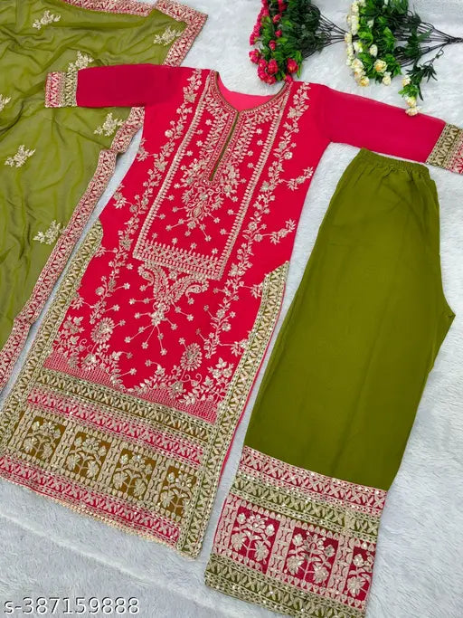 Heavy faux Georgette Pakistani suit in embroidered design, single set in sizes M, XL. Made in India
