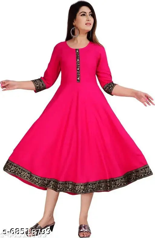 Rayon Anarkali Kurta - Single Jaipur Print, Solid Color, Three-Quarter Sleeves, Fits Queen Consort Women's Wear