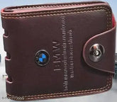 Brown faux leather BMW logo button wallet, textured net design with 3 compartments. Stylish accessory for men's fashion