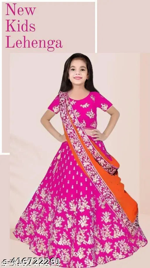 Kids taffeta silk embroidered Lengha choli set for traditional parties and festivals, available in multiple sizes from 0-3 months to 14-15 years