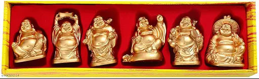 Golden Laughing Buddha set of 6, polyresin gold Fengshui home decor figurines for wealth and success, nautical showpiece on display