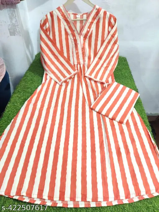 Orange cotton striped kurti set with three-quarter sleeves, Indian traditional clothing for women