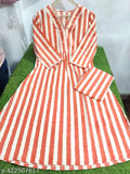 Orange cotton striped kurti set with three-quarter sleeves, Indian traditional clothing for women