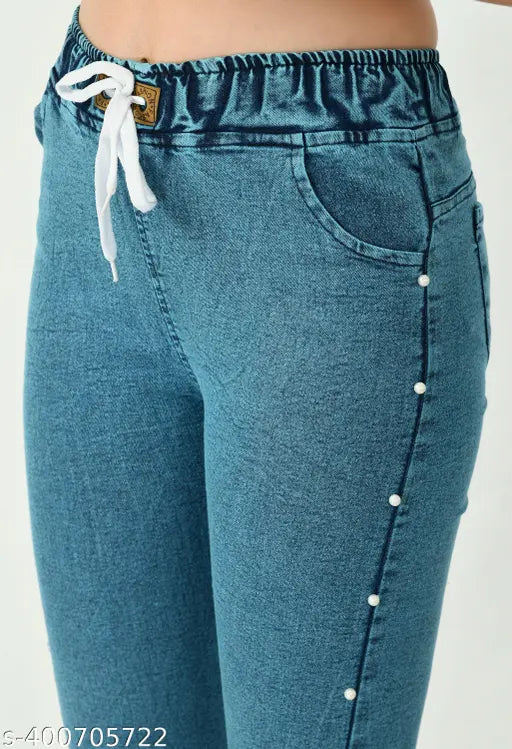 Stretchable premium denim side pearl blue jogger jeans for plus size xl-4xl, mid rise, baggy fit - Indian denim fashion