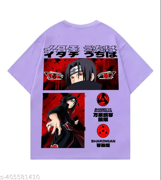 Lavender oversized anime Itachi Uchiha Akatsuki t-shirt, cotton with short sleeves and printed pattern, available in multiple sizes from XS to XXXL