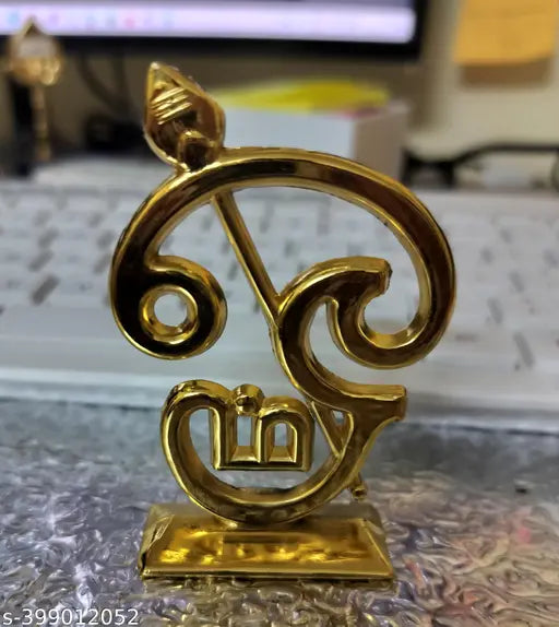 Golden medium-sized Murugan Om Vel religious idol for car pooja room, Indian art piece displayed on dashboard