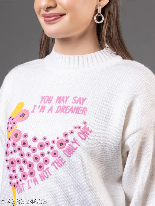 Wear Lusso Pure Woolen 3D Printed Round Neck Full Sleeves Pullover Sweater, warm & stylish women's knitwear in India