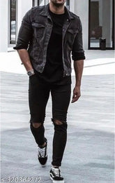 Black denim flaying men's knee-slit jeans, solid pattern, size 28/30/32, made in India