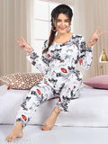 Printed satin night suit, XXL size, long sleeves, patterned pyjamas from India