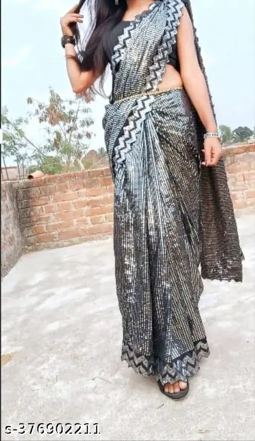 Heavy embroidered Georgette sari, solid net blouse on mannequin, Indian handcrafted sequence embroidery Saree & separate Art Silk blouse