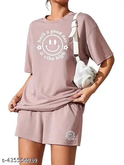 Cotton-blend KSHS women's printed pajama set, short sleeves & shorts style for nightwear