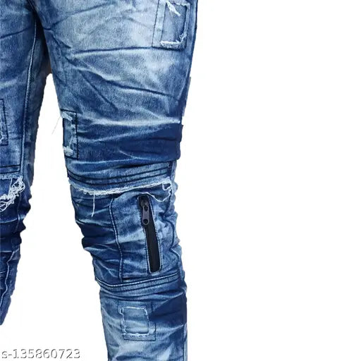 Blue polycotton stretch jeans, stylish funky design, everyday wear (size 28/32)