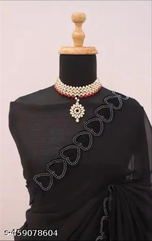 Black Georgette saree with running blouse, solid pattern and free size, Indian origin