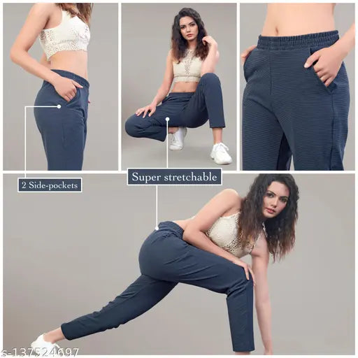 Cotton blend textured net LEEWAN women's ankle-length track pants with 2 side pockets, perfect for daily wear or sports activities. Comfort wear for plus size women. Designed in India