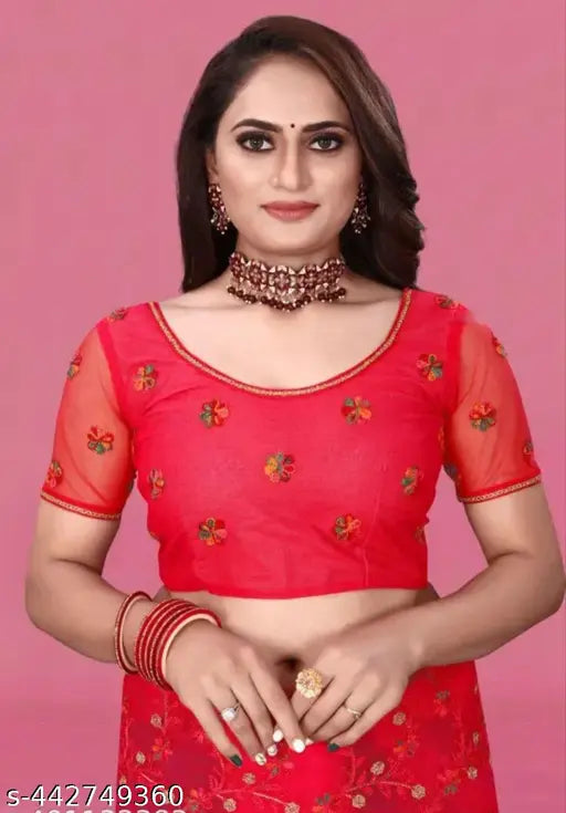 Indian new look net embroidered saree with multiple blouse, free size (L: 5.5m, B: 0.9m)