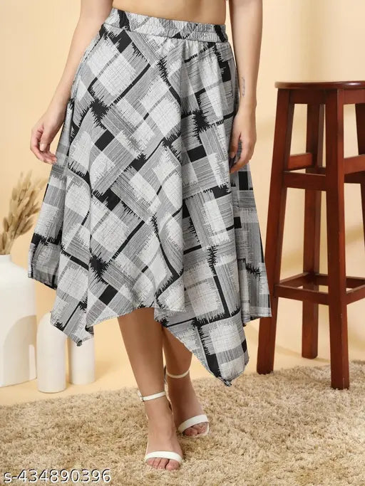 White checked crepe asymmetric skirt for women, handkerchief hem a-line with adjustable waist, size XS to XXL. Made in India