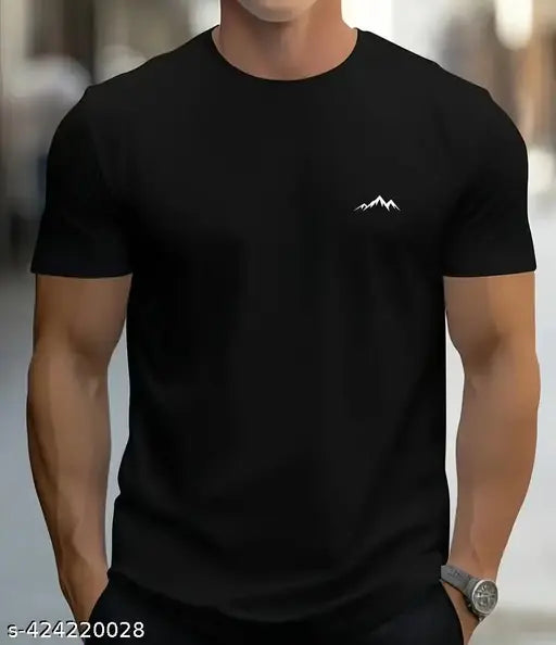 Printed half-sleeve t-shirt for men, polyester, multiple colors and sizes available. Comfortable, smooth, air-pass fabric. Made in India