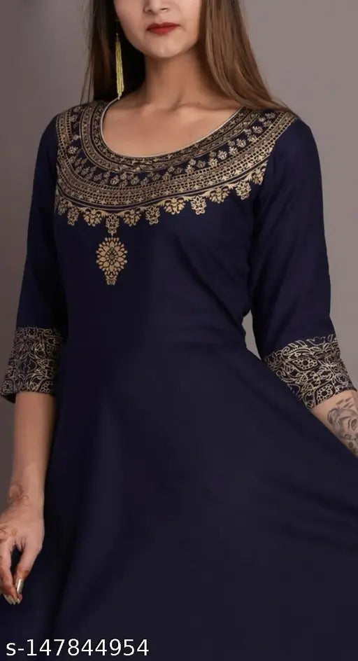 Navy Blue Rayon Embroidered Anarkali Kurti, traditional Indian attire for women
