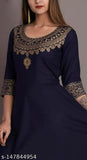 Navy Blue Rayon Embroidered Anarkali Kurti, traditional Indian attire for women
