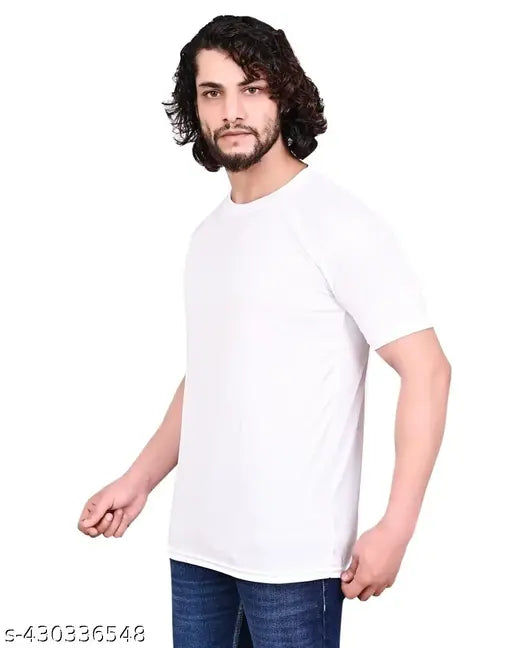 Men's solid polyester Lycra round neck T-shirt with half sleeves, available in S, M, L, XL (Sizes: S-17in/25.5in, M-18in/26.5in, L-19in/27.5in, XL-20in/28.5in) - Made in India