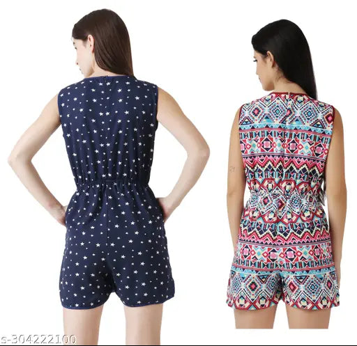 Navyblue star-Red crepe sleeveless knee-length jumpsuit for women and girls, featuring printed floral design, side zip closures, pockets, and tie-up belt - Indian origin