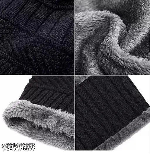 Black wool beanie cap with faux fur inner side and matching muffler, unisex winter combo set for cold weather protection