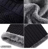 Black wool beanie cap with faux fur inner side and matching muffler, unisex winter combo set for cold weather protection
